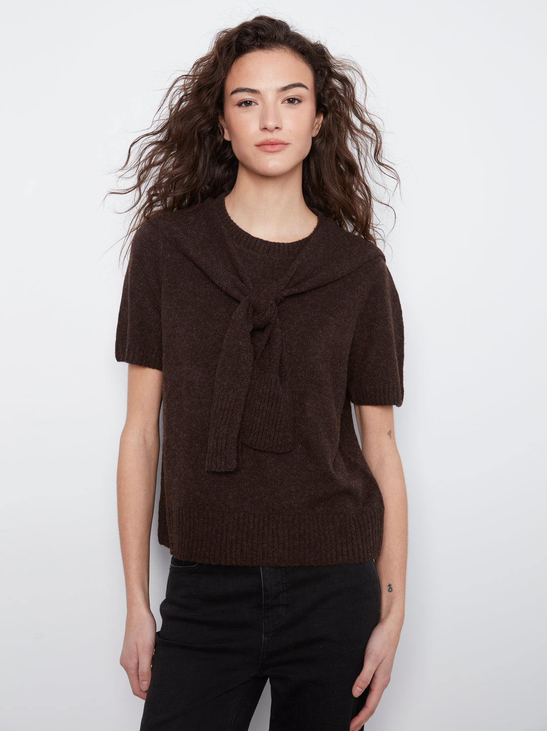 Short Sleeve Crew Neck Sweater With Combined Sleeves Detail