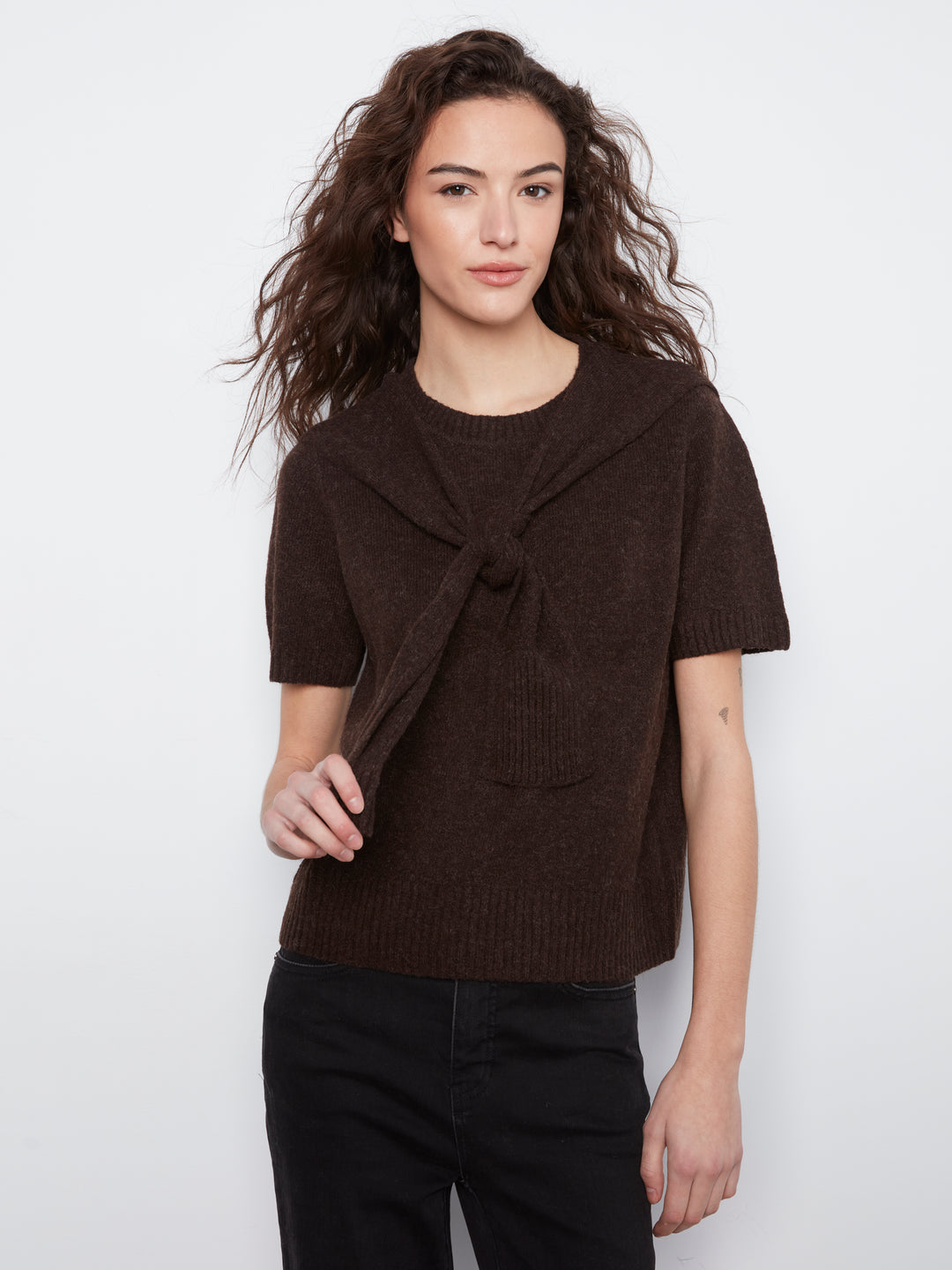 Short Sleeve Crew Neck Sweater With Combined Sleeves Detail