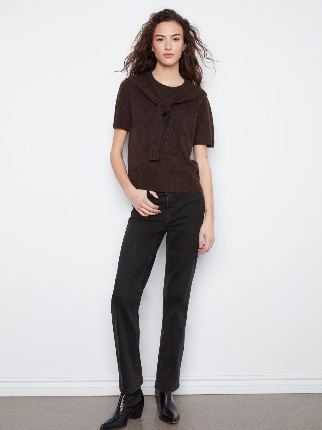 Short Sleeve Crew Neck Sweater With Combined Sleeves Detail