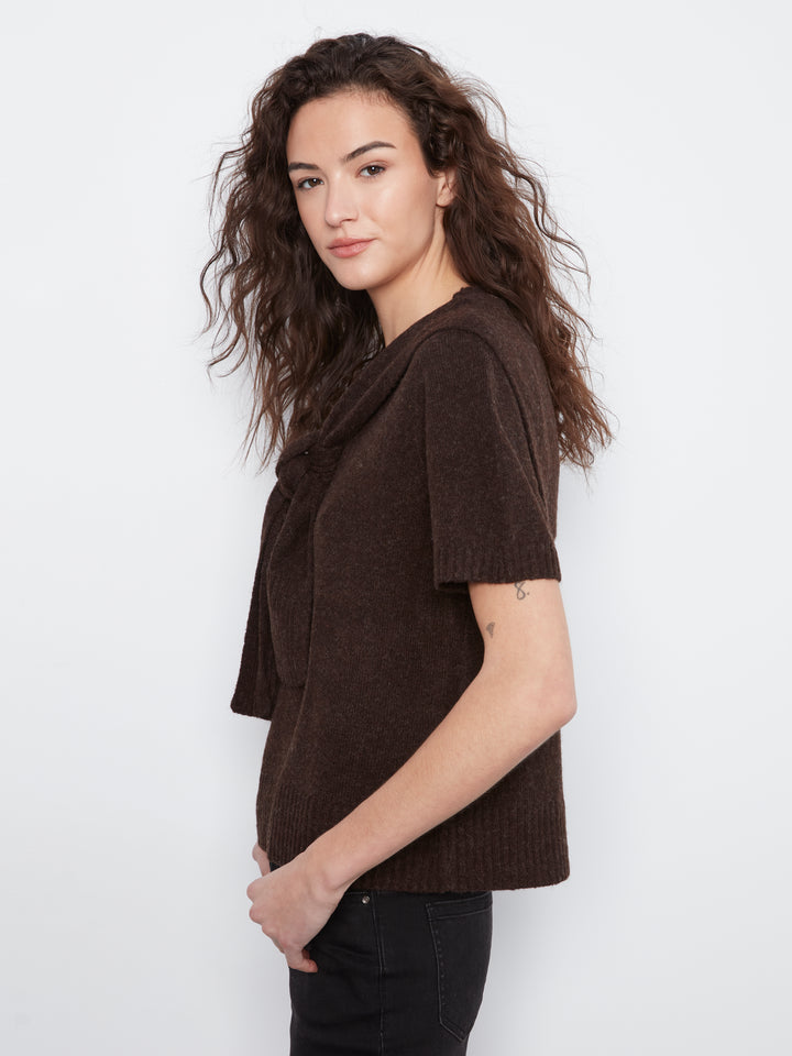 Short Sleeve Crew Neck Sweater With Combined Sleeves Detail