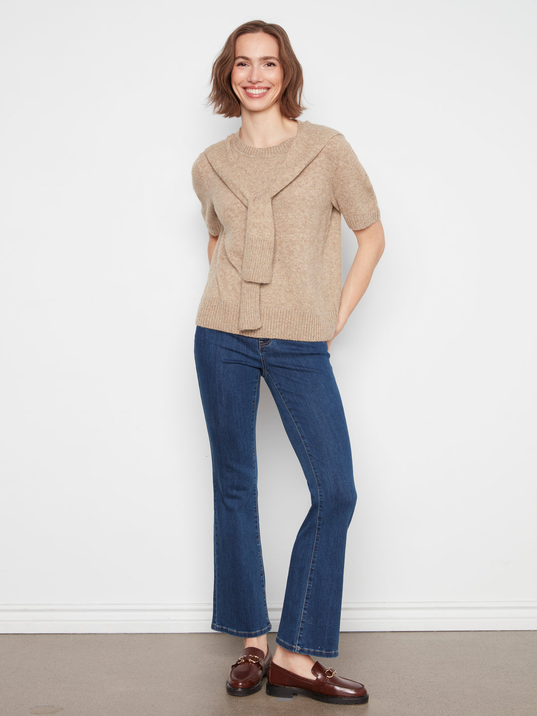 Short Sleeve Crew Neck Sweater With Combined Sleeves Detail