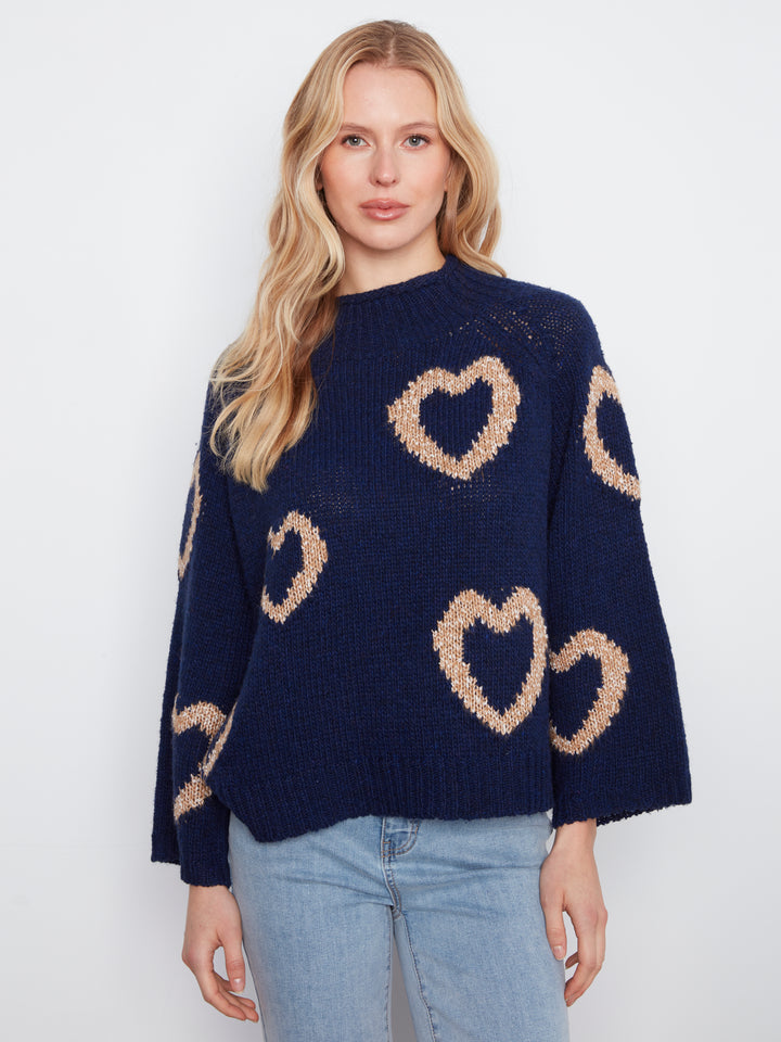 High Neck Knit Sweater With Heart Placement
