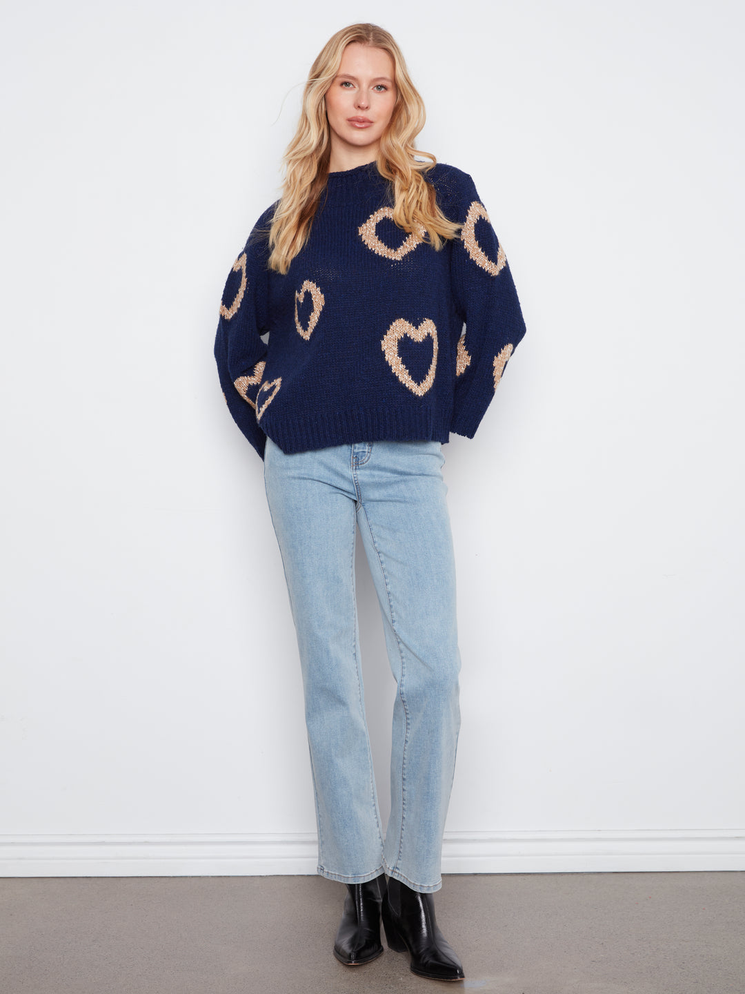 High Neck Knit Sweater With Heart Placement