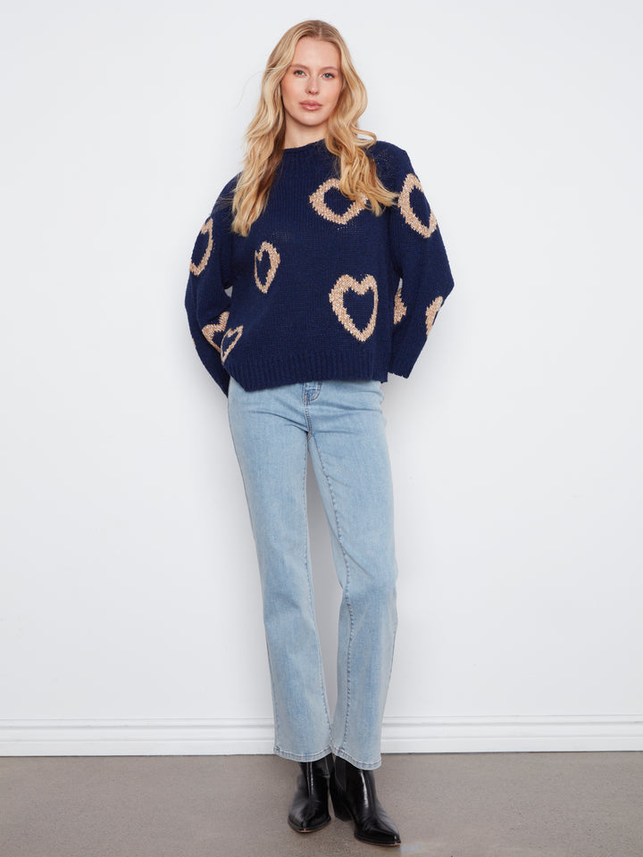 High Neck Knit Sweater With Heart Placement