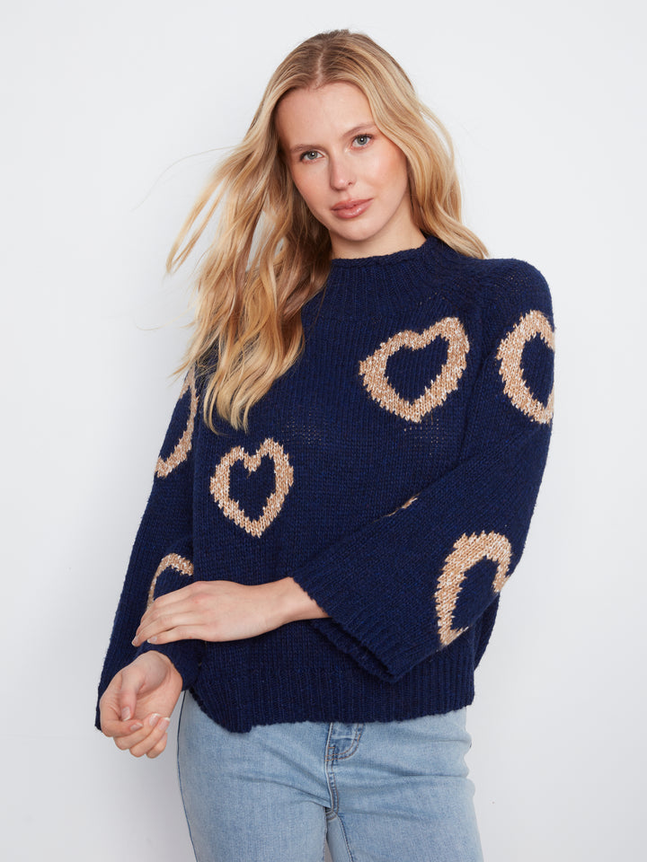 High Neck Knit Sweater With Heart Placement