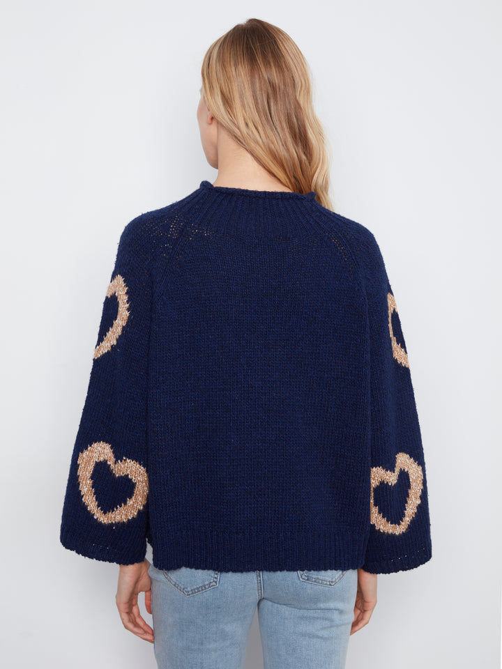 High Neck Knit Sweater With Heart Placement