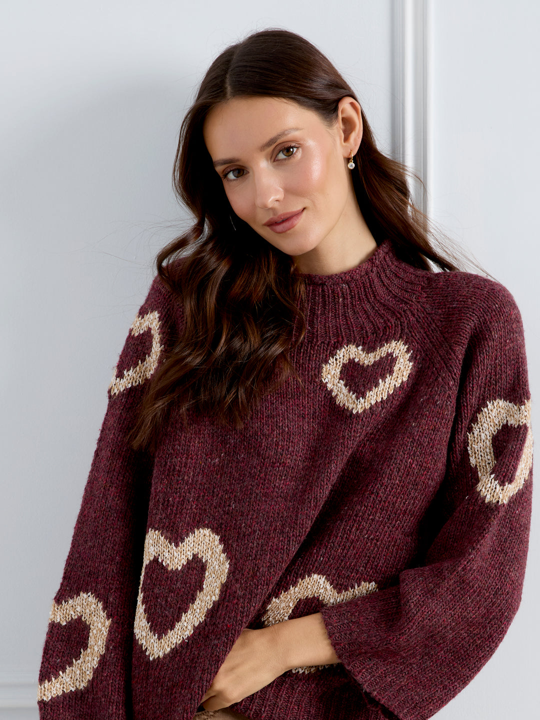 High Neck Knit Sweater With Heart Placement