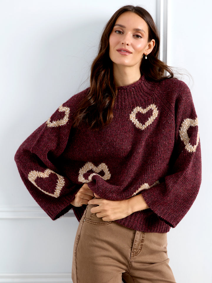 High Neck Knit Sweater With Heart Placement