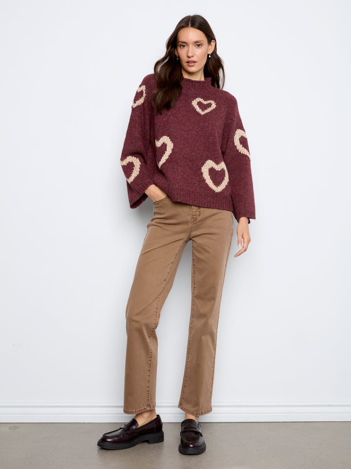 High Neck Knit Sweater With Heart Placement