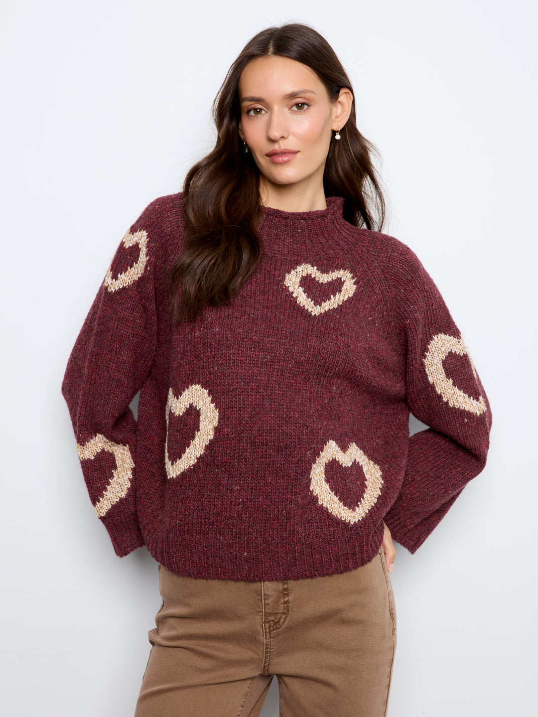 High Neck Knit Sweater With Heart Placement