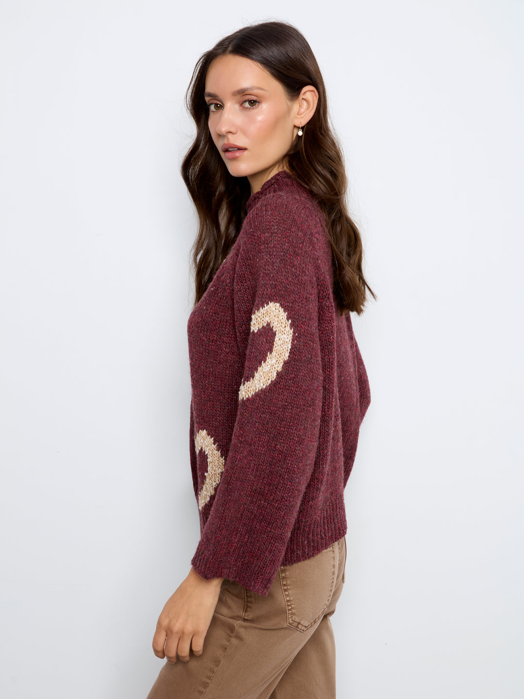 High Neck Knit Sweater With Heart Placement