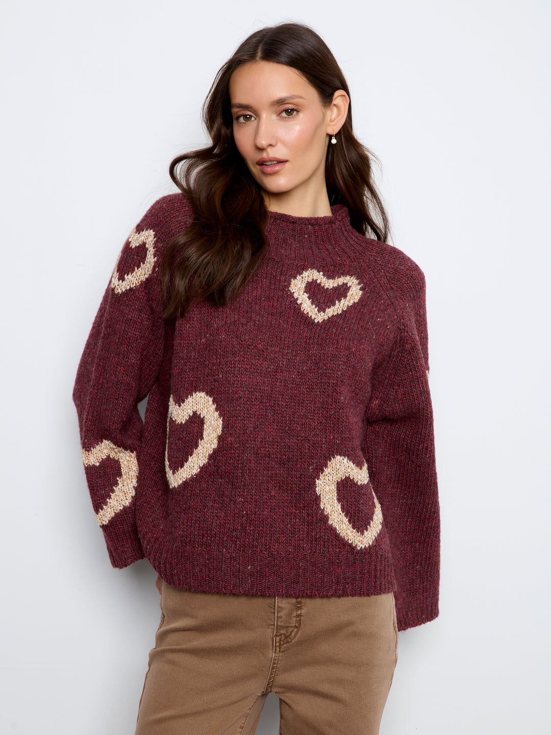 High Neck Knit Sweater With Heart Placement