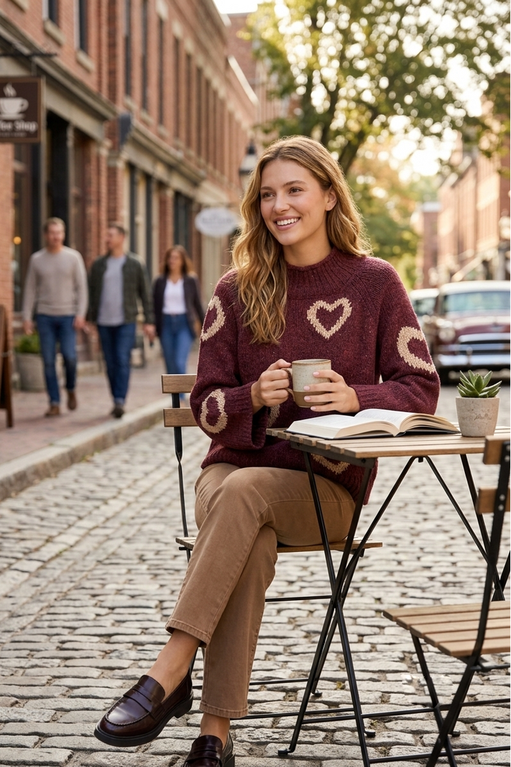 High Neck Knit Sweater With Heart Placement