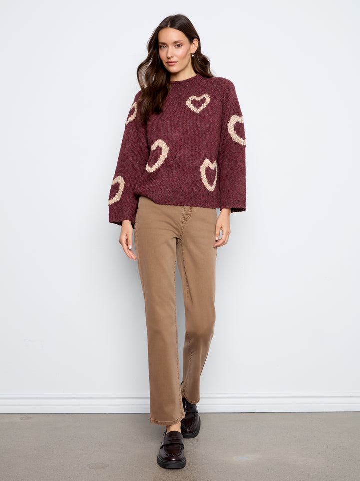 High Neck Knit Sweater With Heart Placement