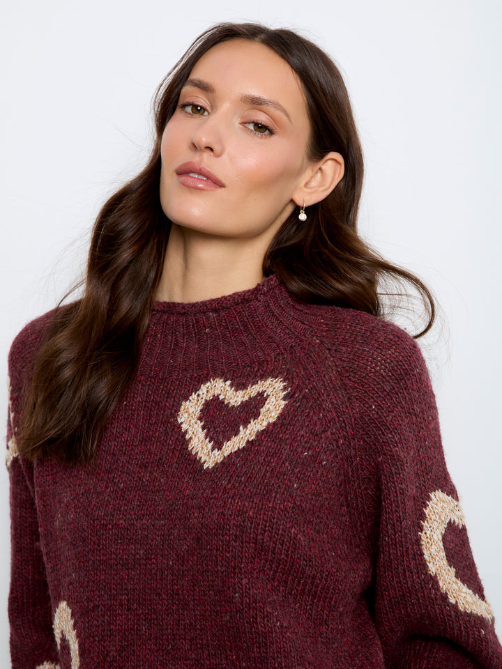 High Neck Knit Sweater With Heart Placement
