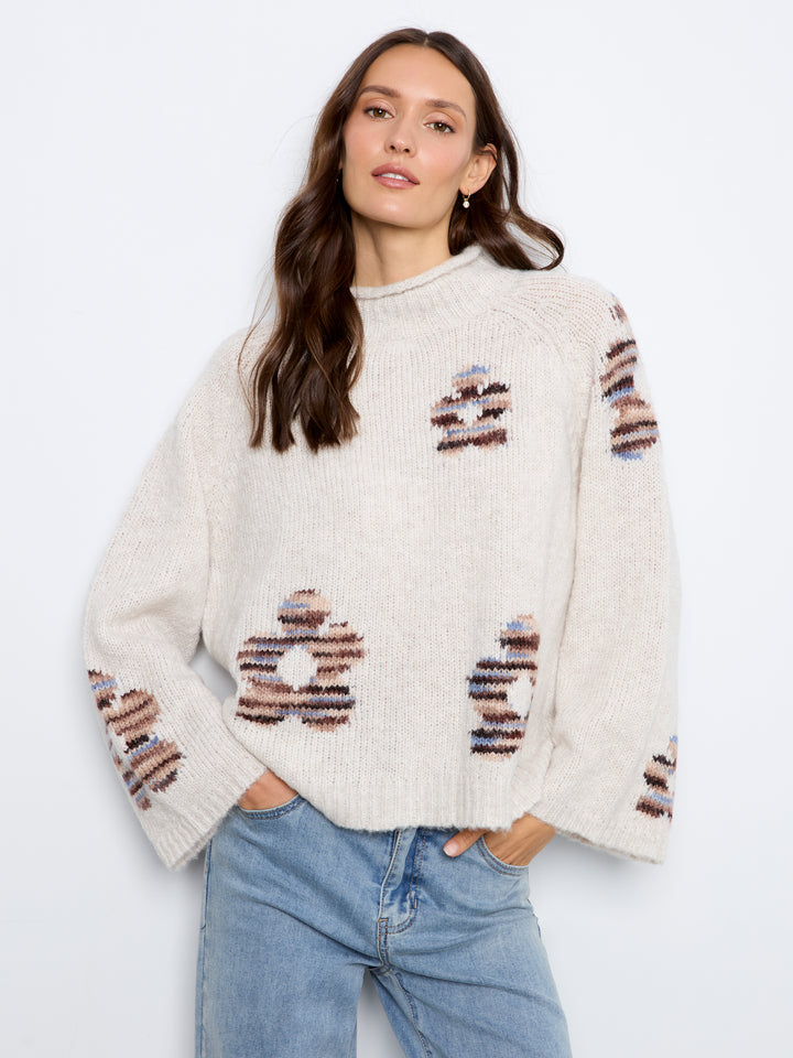 High Neck Knit Sweater With Heart Placement