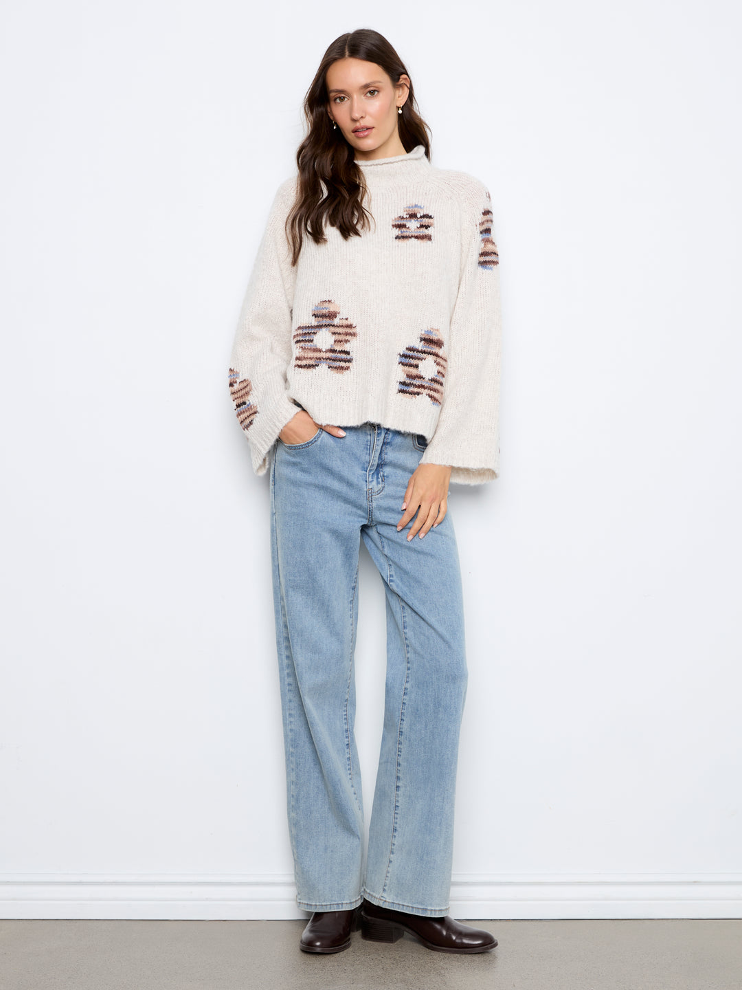 High Neck Knit Sweater With Heart Placement