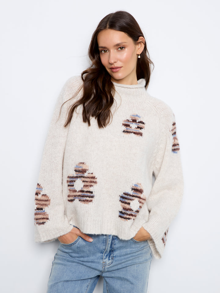 High Neck Knit Sweater With Heart Placement