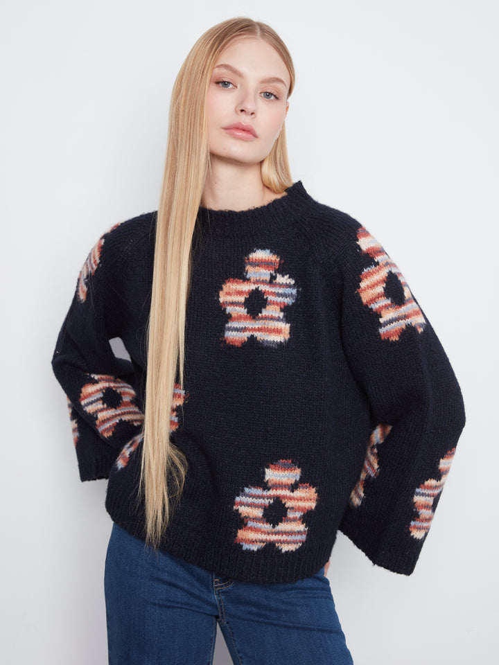 High Neck Knit Sweater With Heart Placement