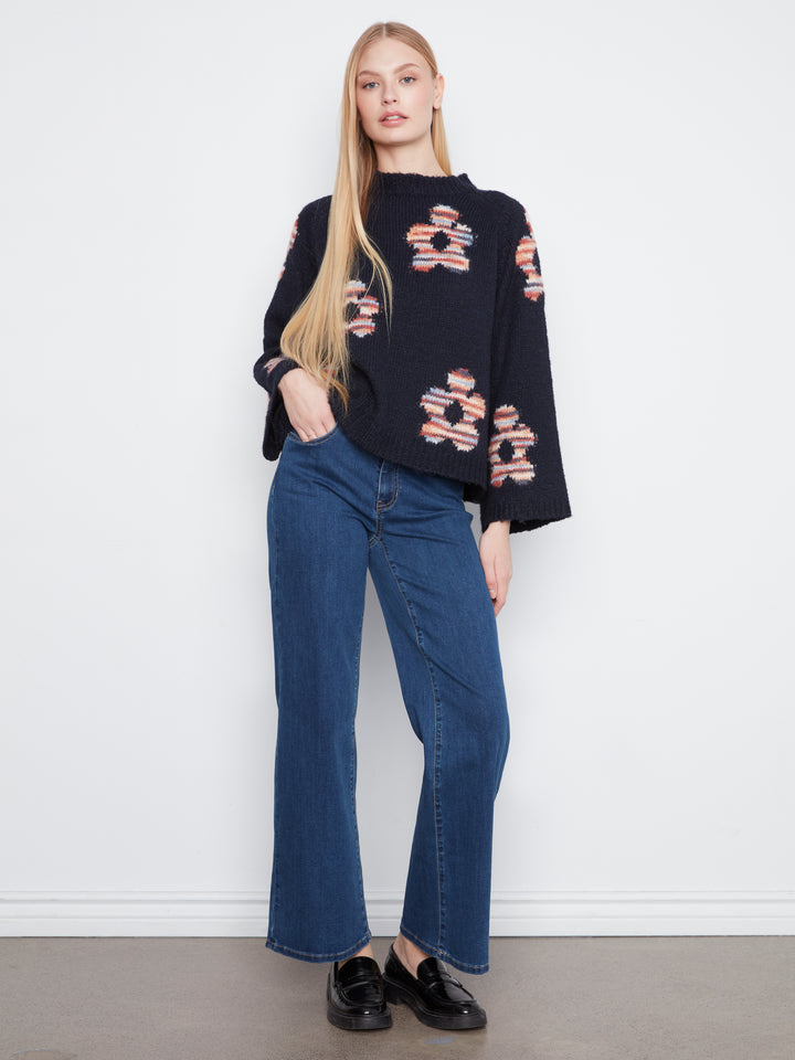High Neck Knit Sweater With Heart Placement