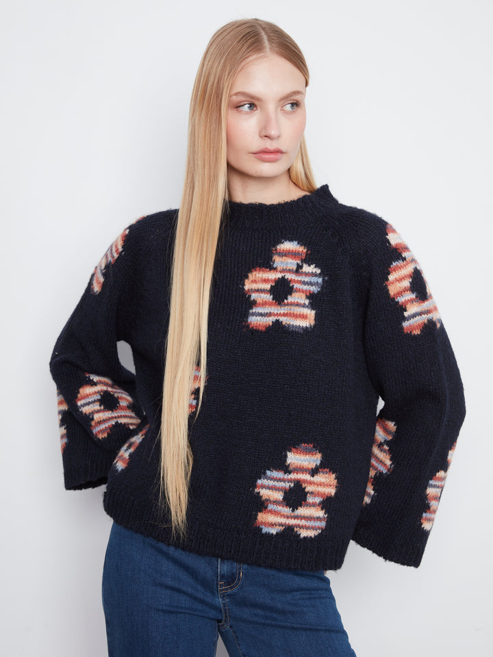 High Neck Knit Sweater With Heart Placement