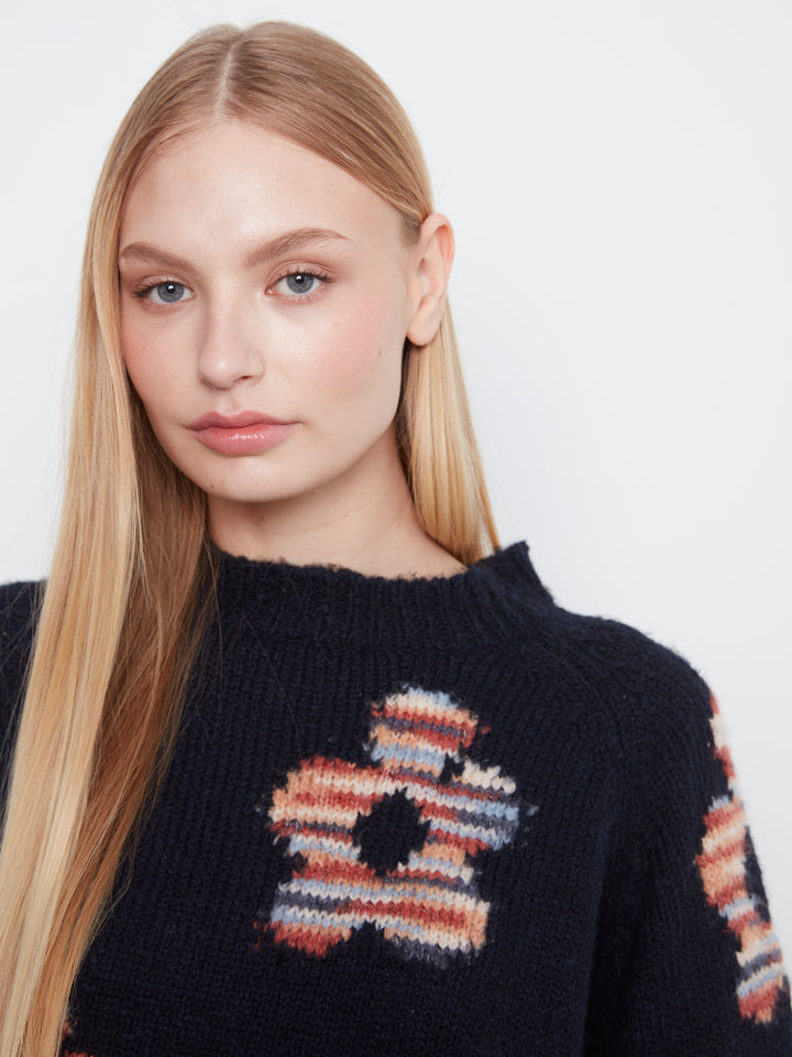 High Neck Knit Sweater With Heart Placement