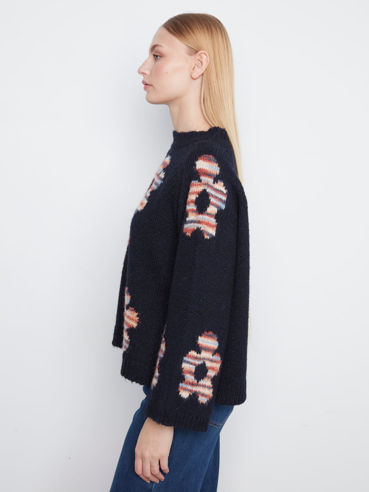 High Neck Knit Sweater With Heart Placement