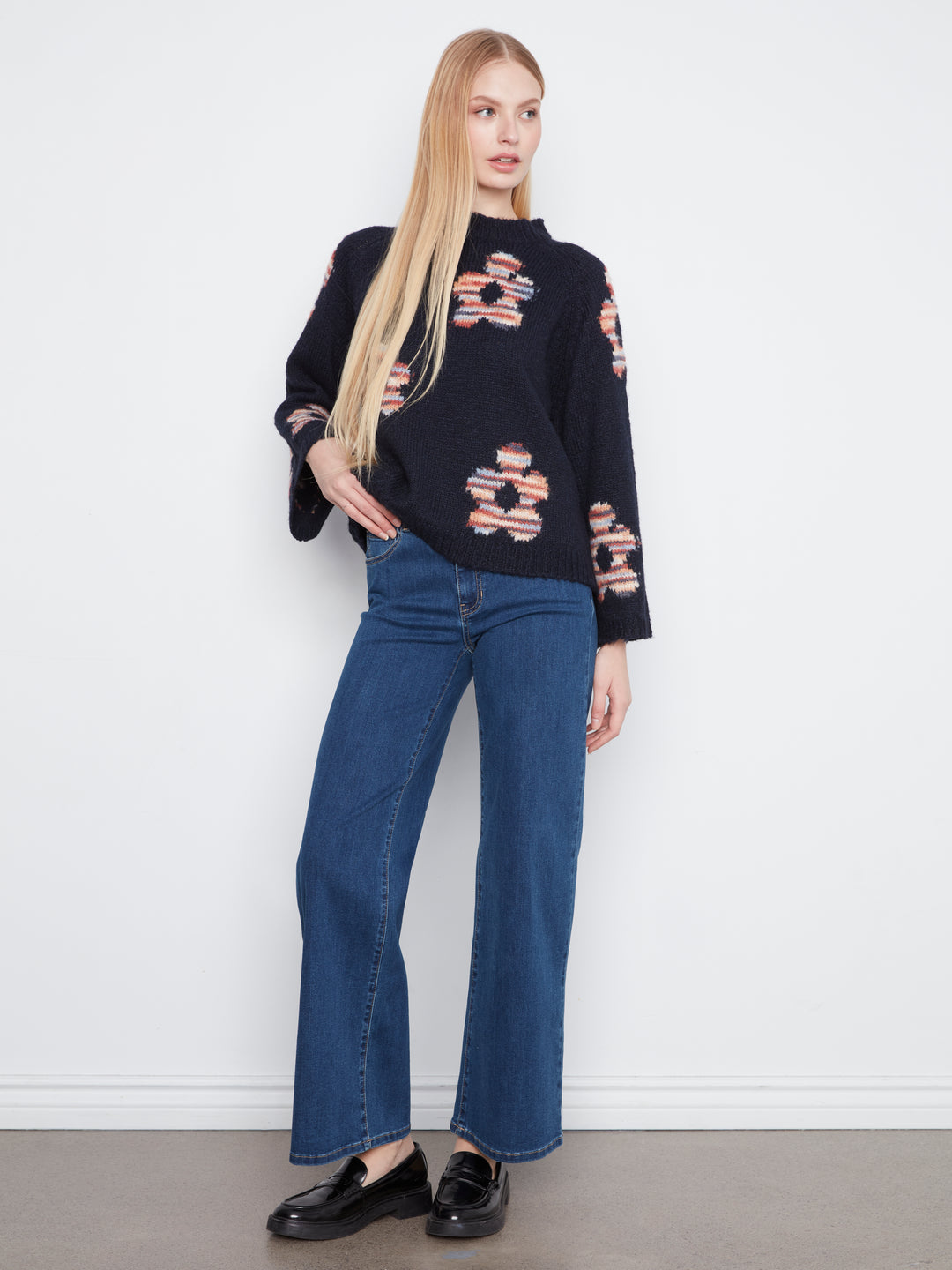 High Neck Knit Sweater With Heart Placement