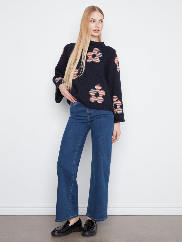 High Neck Knit Sweater With Heart Placement