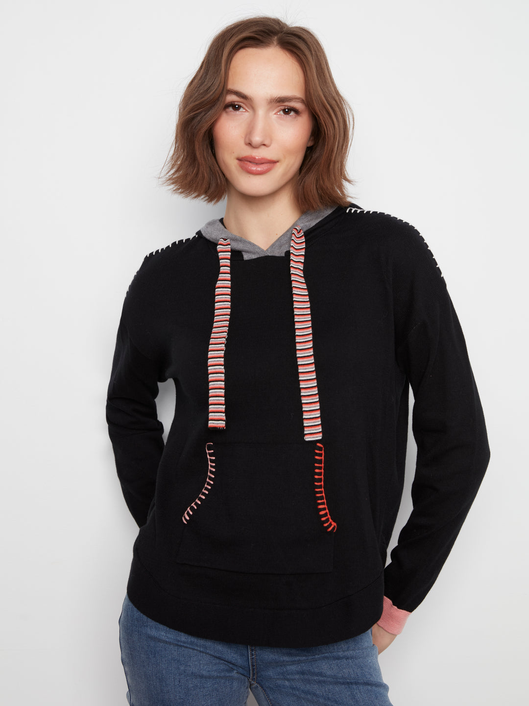 Long Sleeve Round Hem Hooded Sweater with Contrast Detail