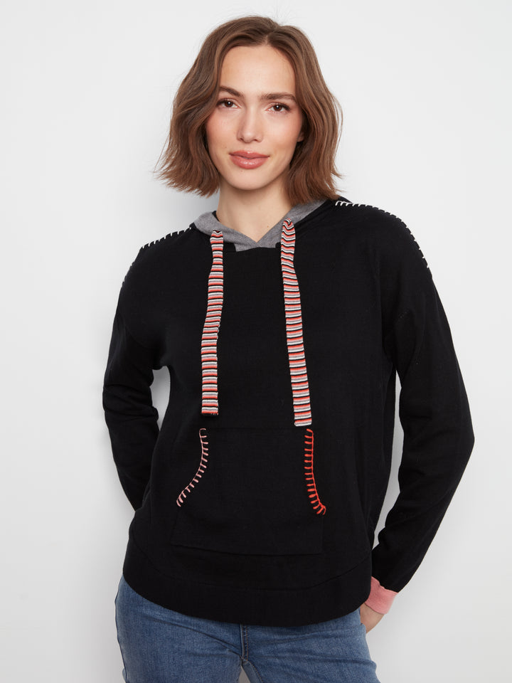 Long Sleeve Round Hem Hooded Sweater with Contrast Detail