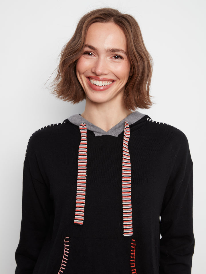 Long Sleeve Round Hem Hooded Sweater with Contrast Detail