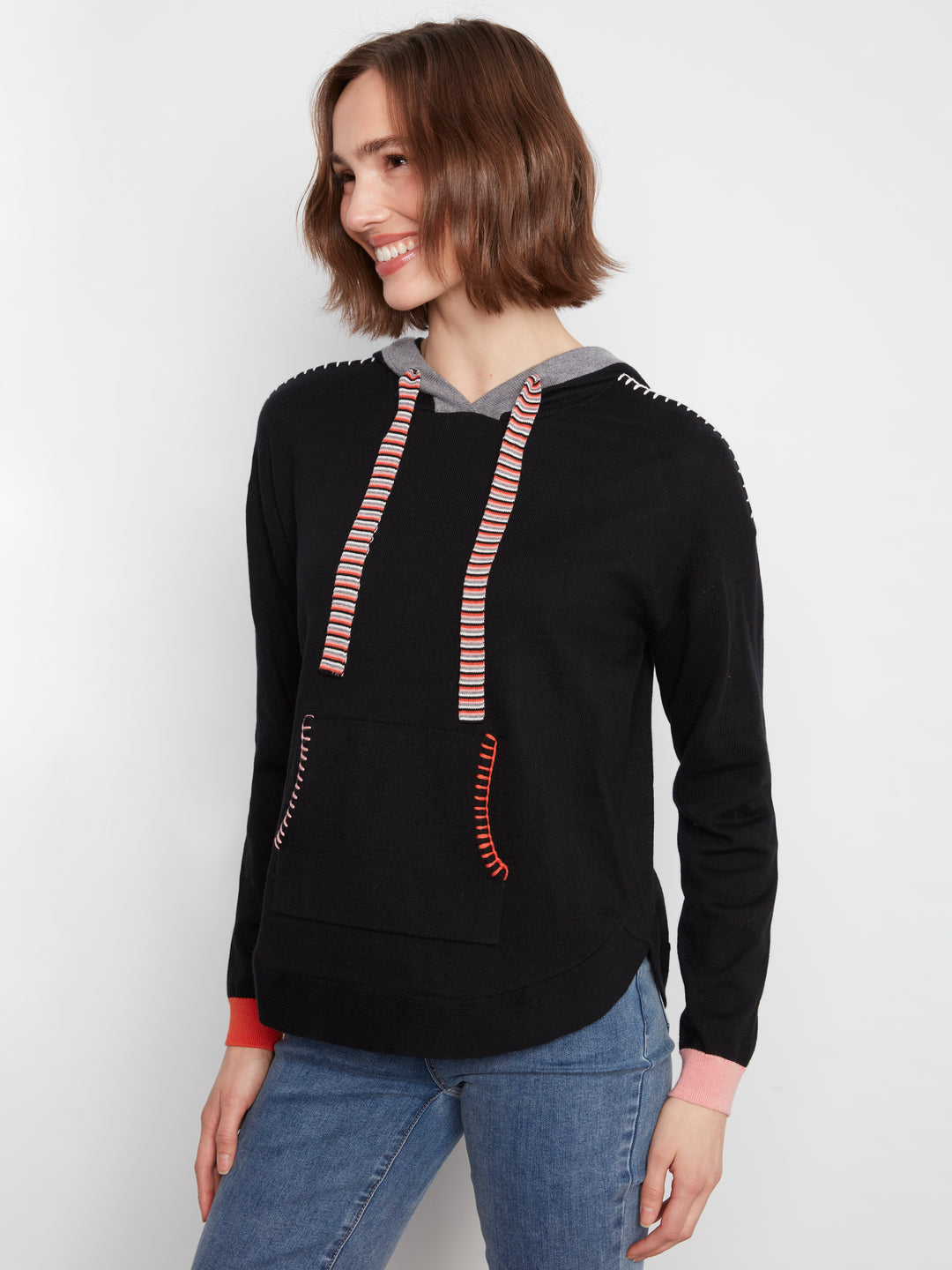 Long Sleeve Round Hem Hooded Sweater with Contrast Detail