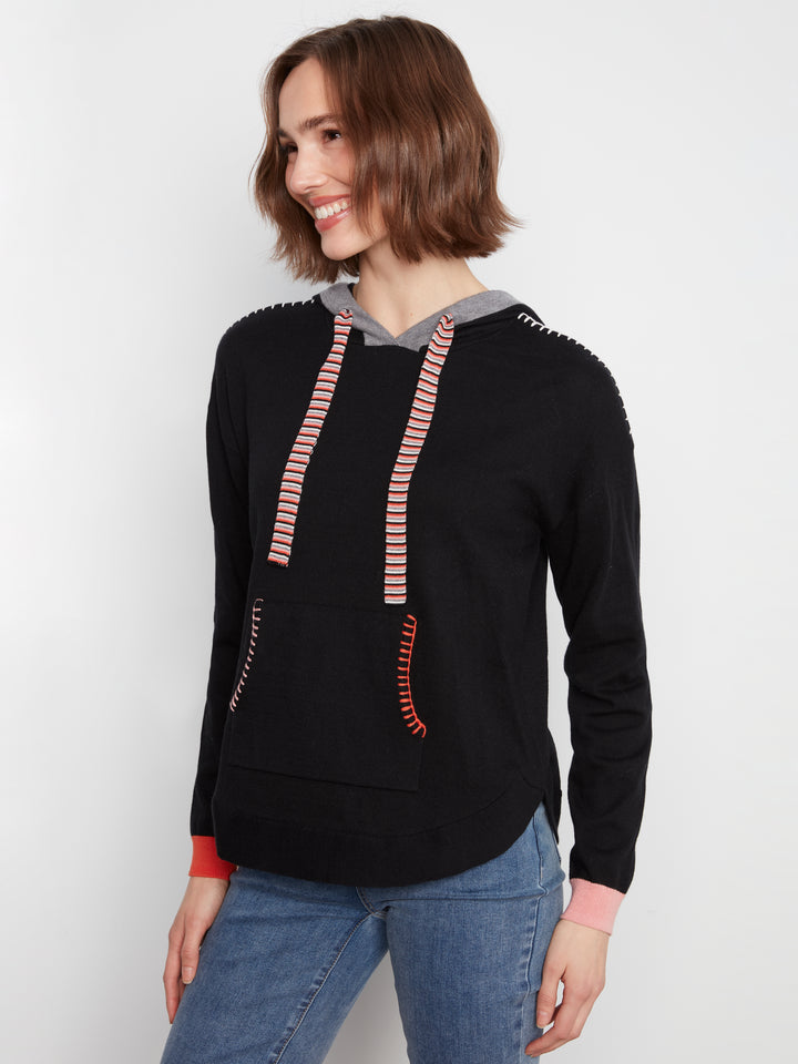Long Sleeve Round Hem Hooded Sweater with Contrast Detail
