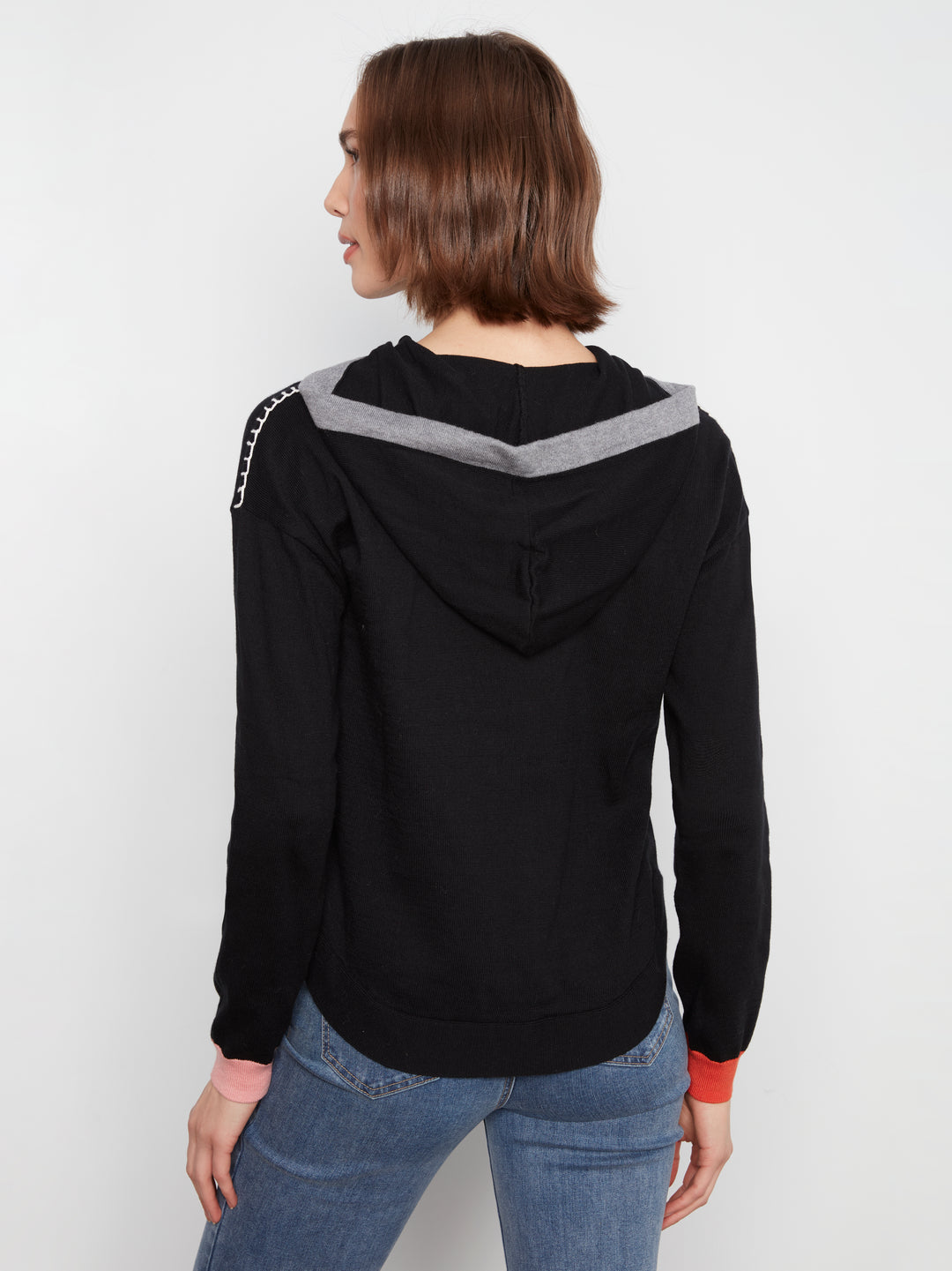 Long Sleeve Round Hem Hooded Sweater with Contrast Detail