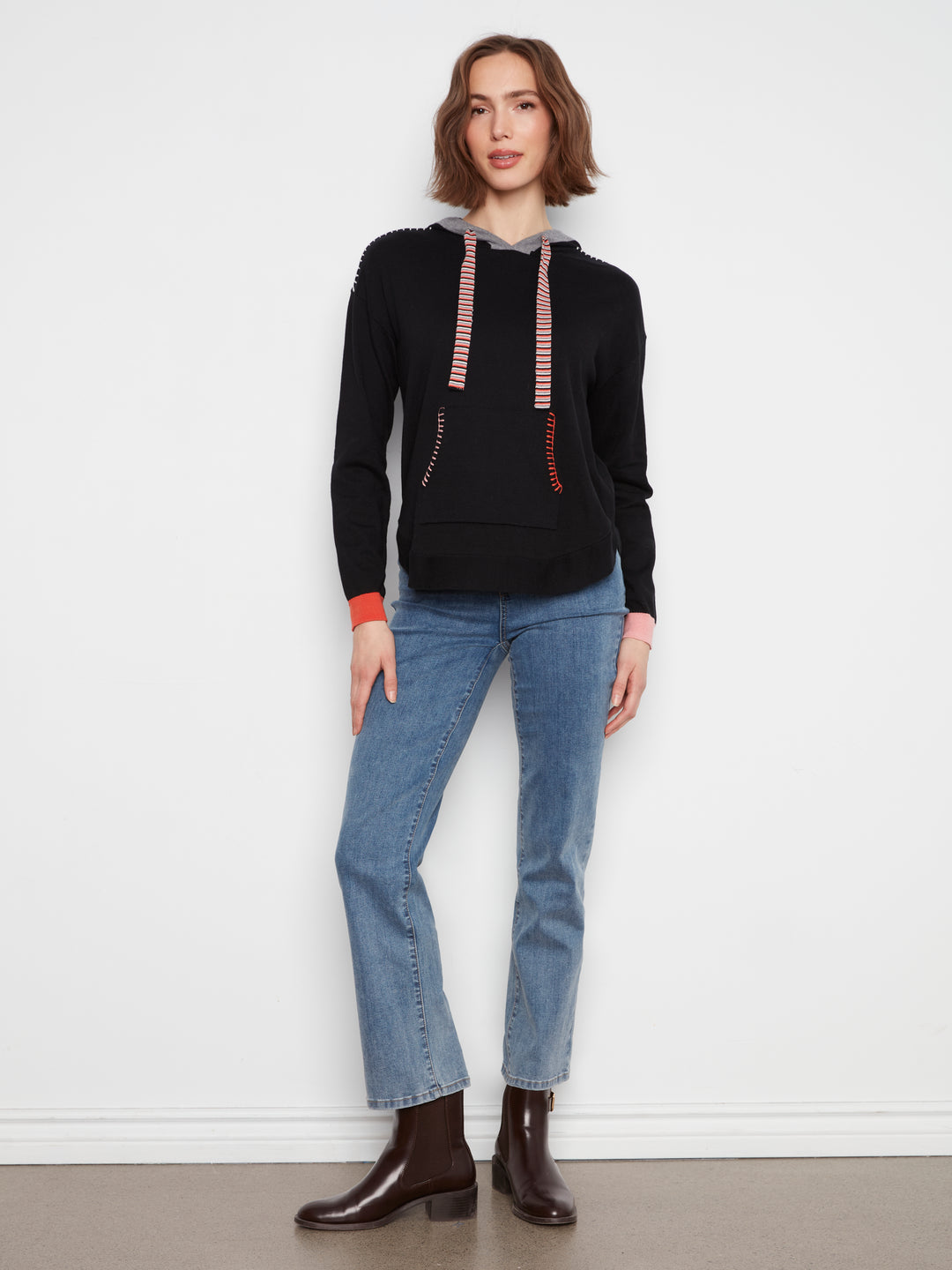 Long Sleeve Round Hem Hooded Sweater with Contrast Detail