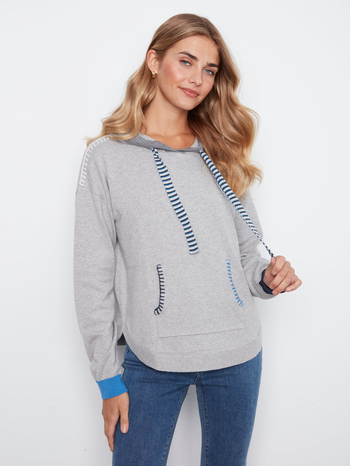 Long Sleeve Round Hem Hooded Sweater with Contrast Detail