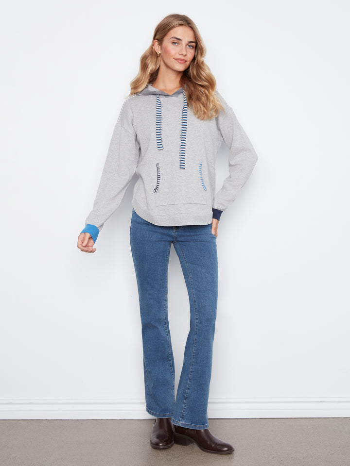 Long Sleeve Round Hem Hooded Sweater with Contrast Detail