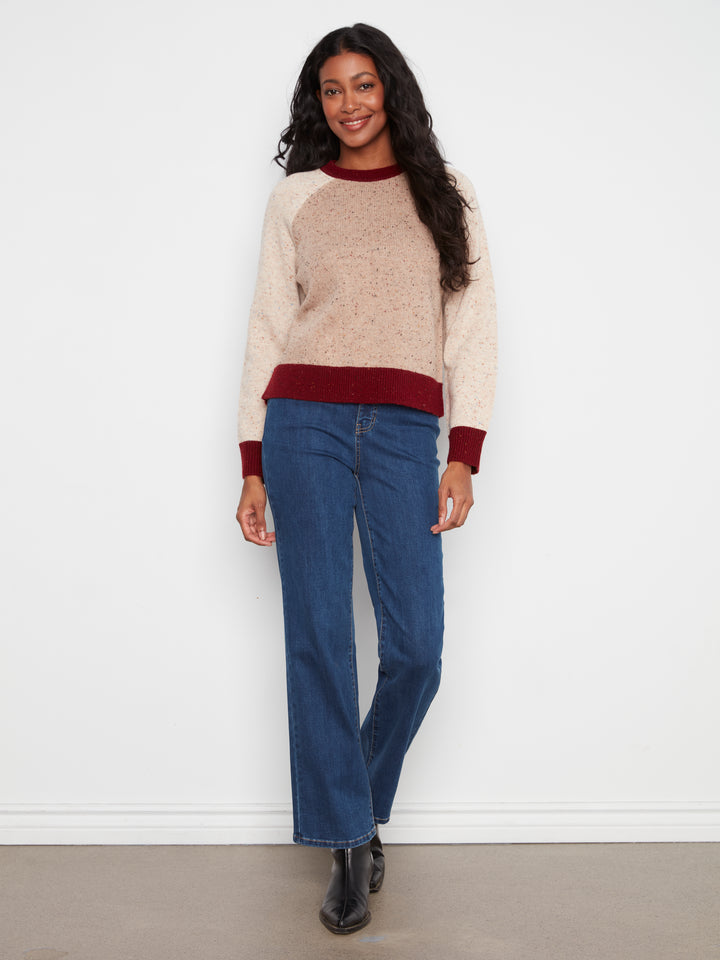Raglan Long Sleeve Crew Neck Color Blocked Sweater