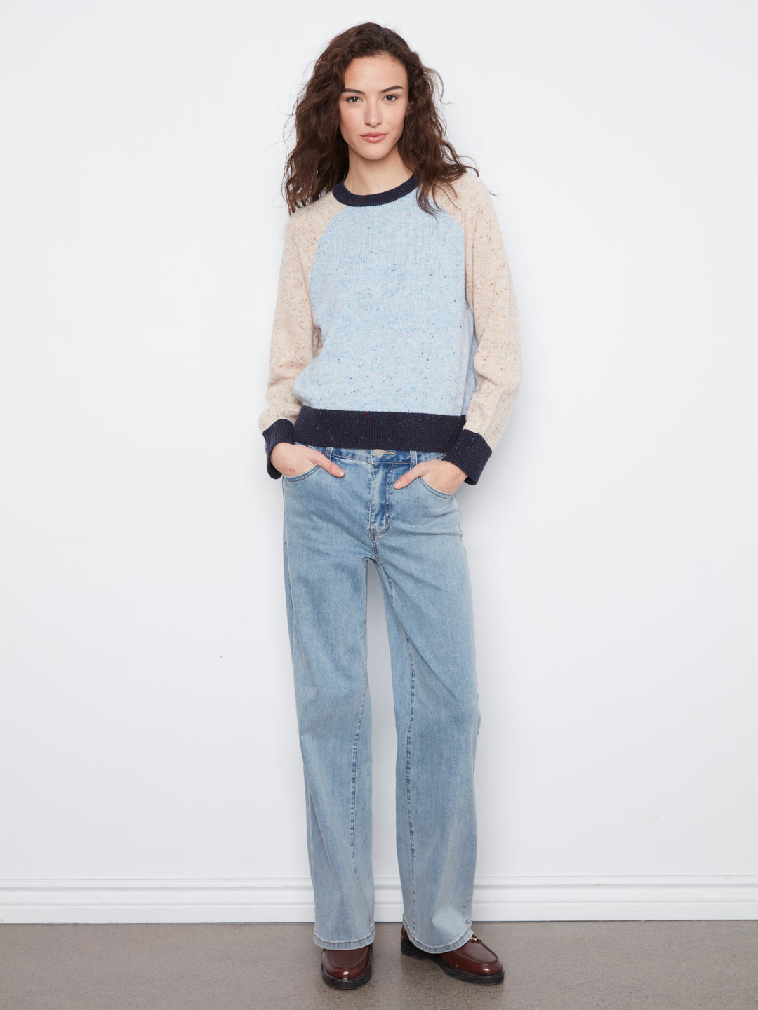 Raglan Long Sleeve Crew Neck Color Blocked Sweater