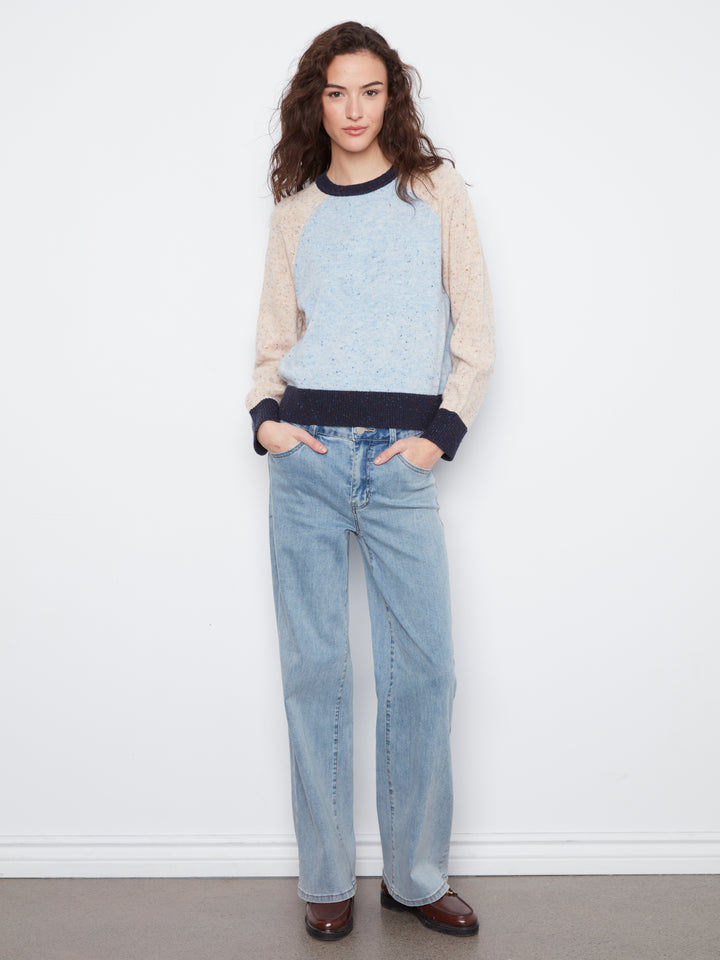 Raglan Long Sleeve Crew Neck Color Blocked Sweater