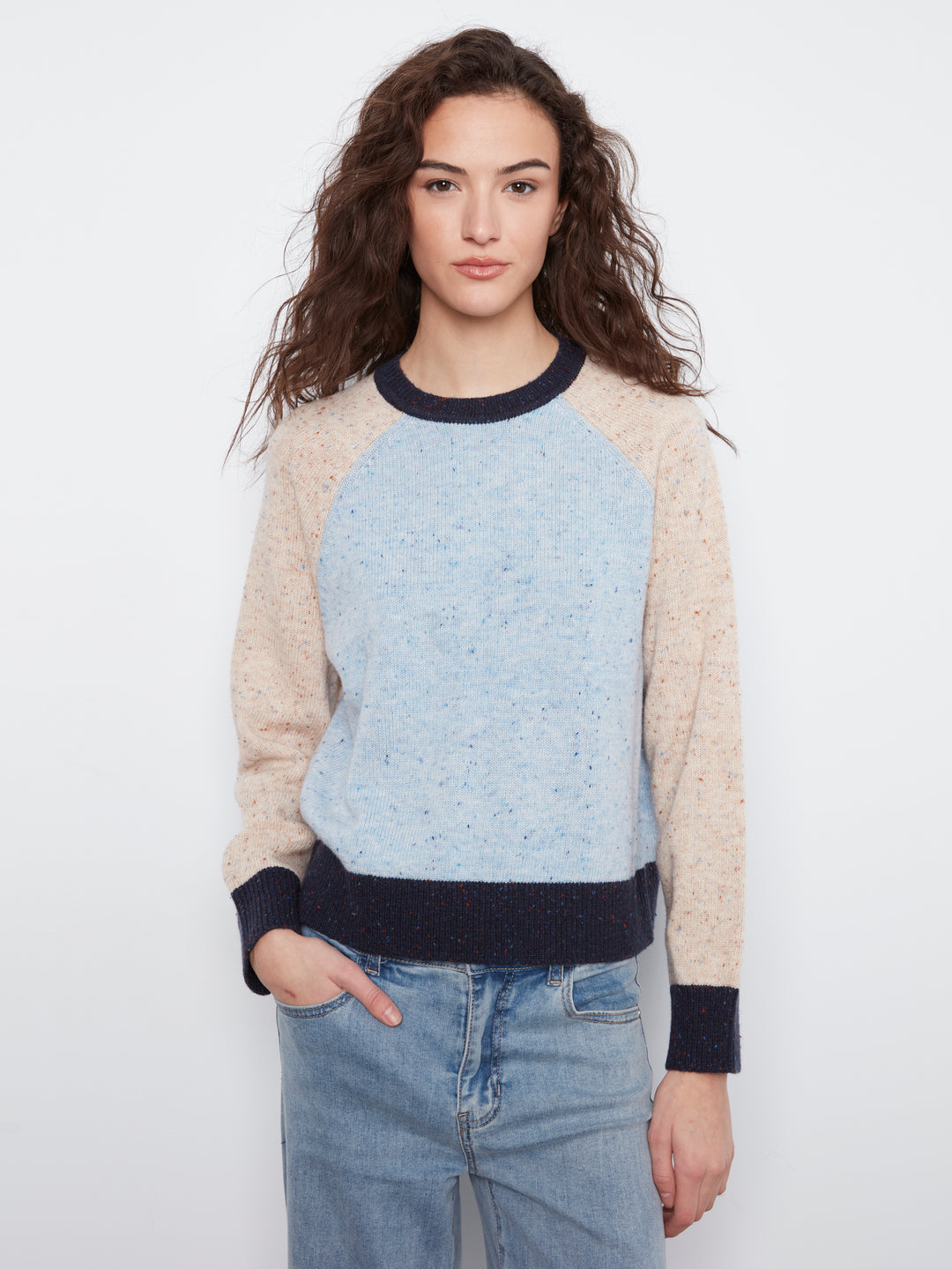 Raglan Long Sleeve Crew Neck Color Blocked Sweater