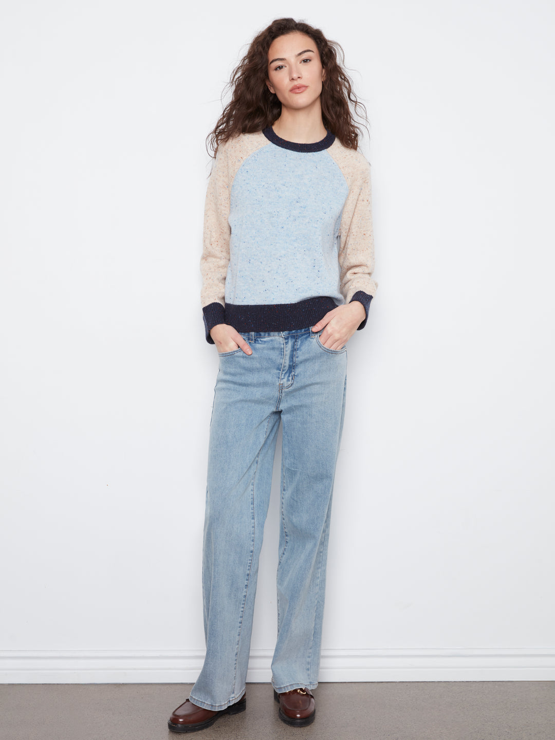 Raglan Long Sleeve Crew Neck Color Blocked Sweater