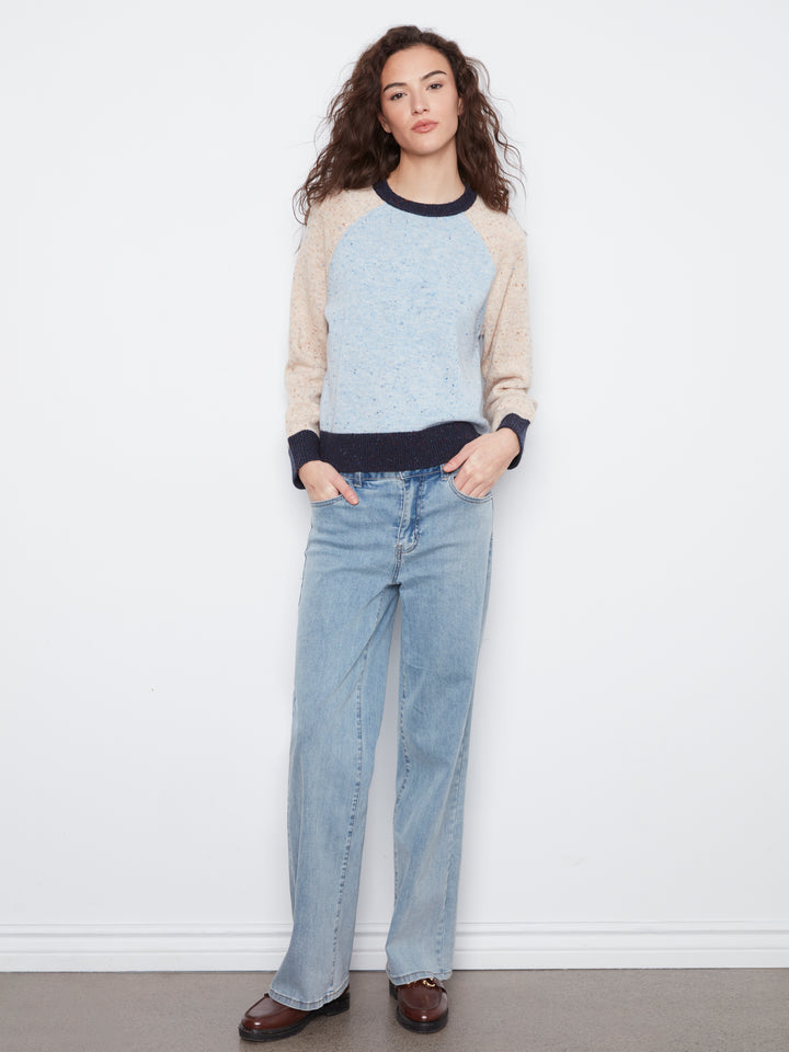 Raglan Long Sleeve Crew Neck Color Blocked Sweater