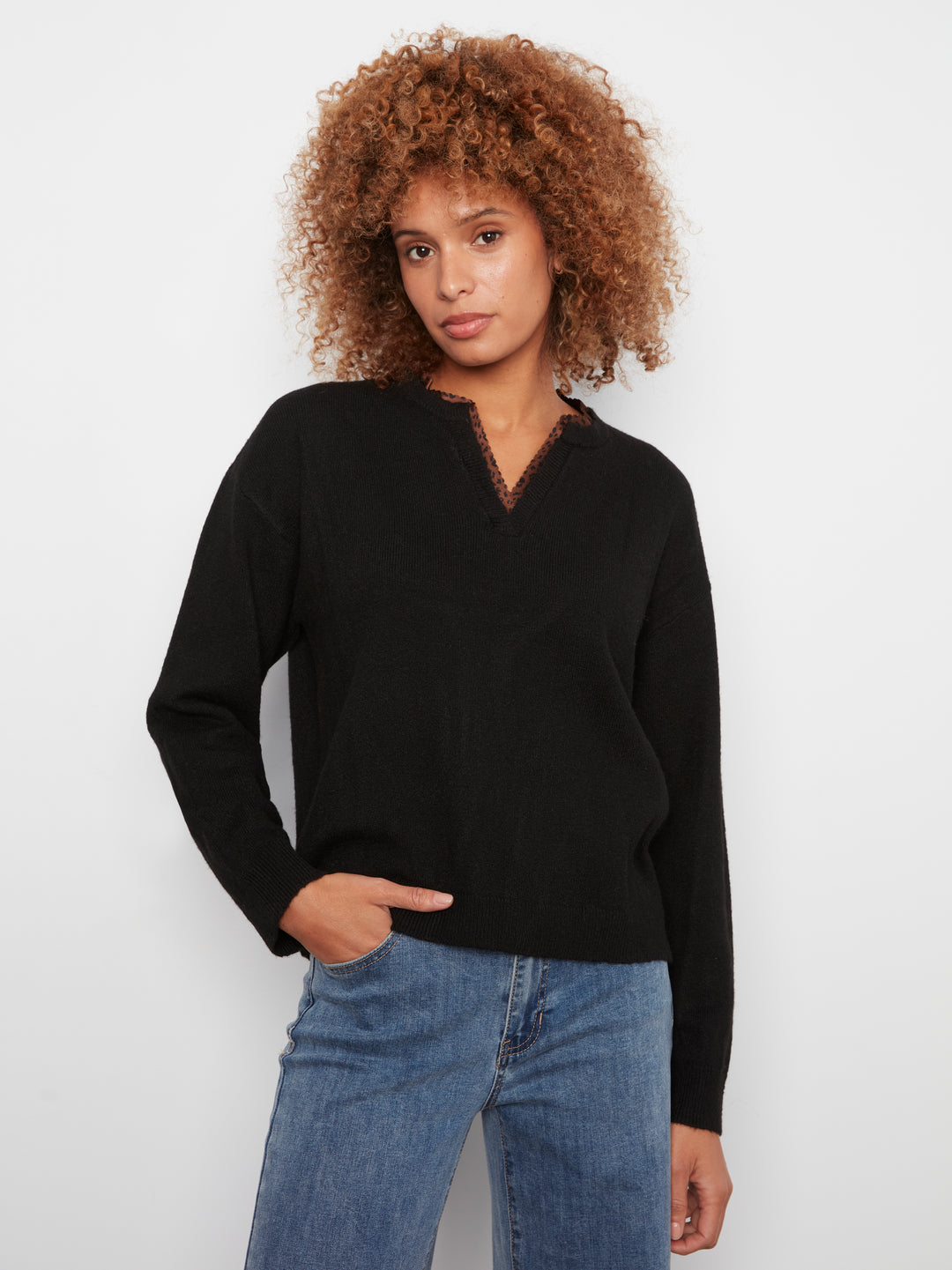 Long Sleeve Drop Shoulder V-Notch Neckline Sweater With Woven Neck Trim