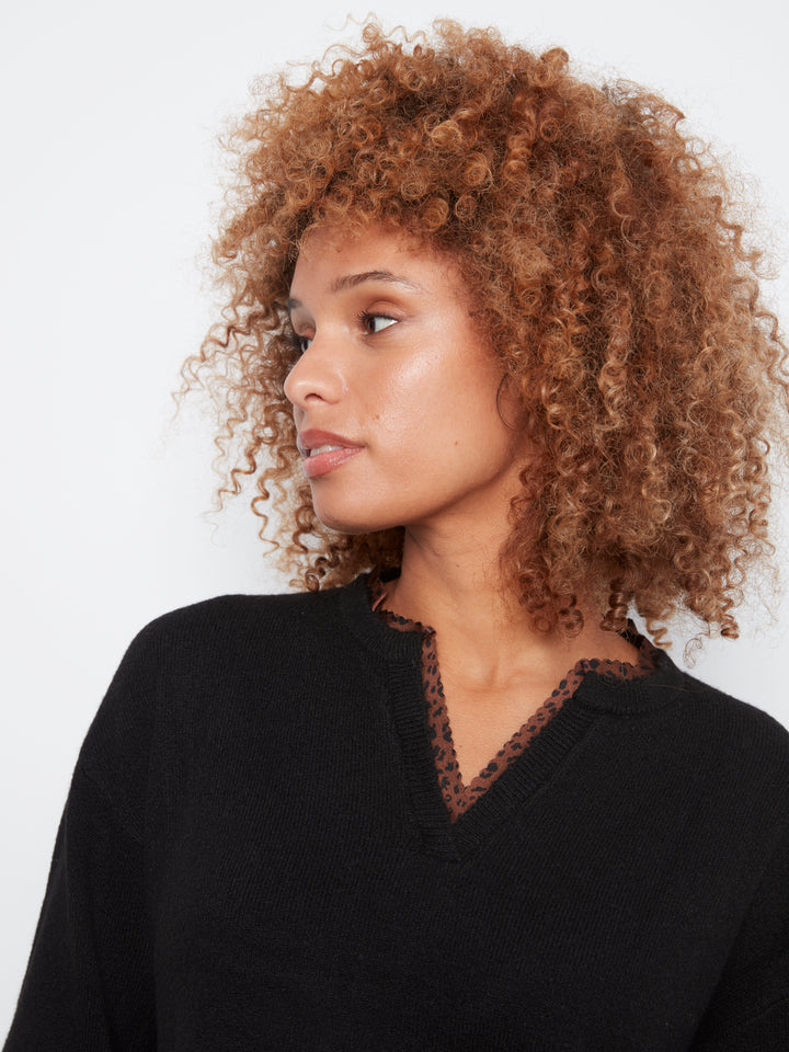 Long Sleeve Drop Shoulder V-Notch Neckline Sweater With Woven Neck Trim