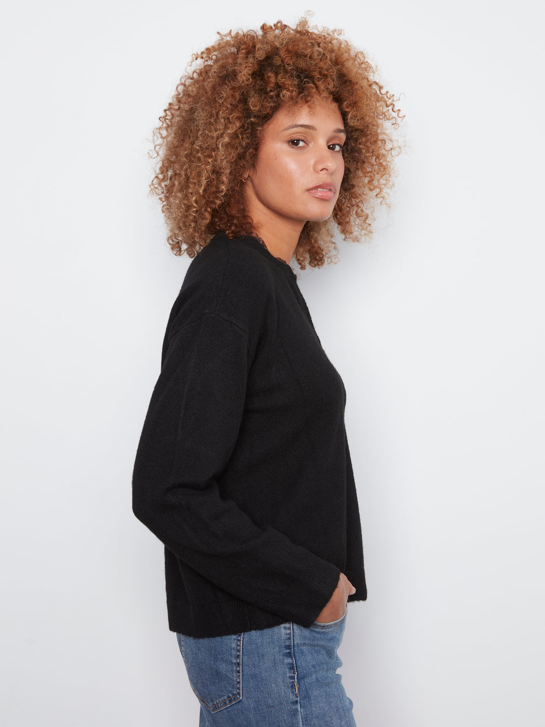 Long Sleeve Drop Shoulder V-Notch Neckline Sweater With Woven Neck Trim