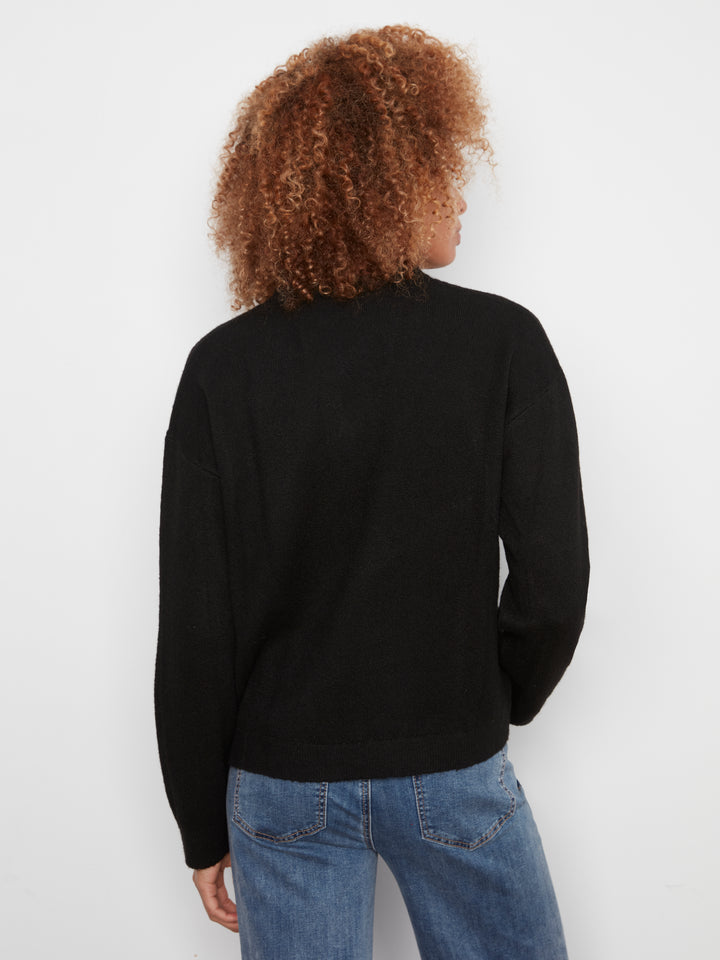 Long Sleeve Drop Shoulder V-Notch Neckline Sweater With Woven Neck Trim