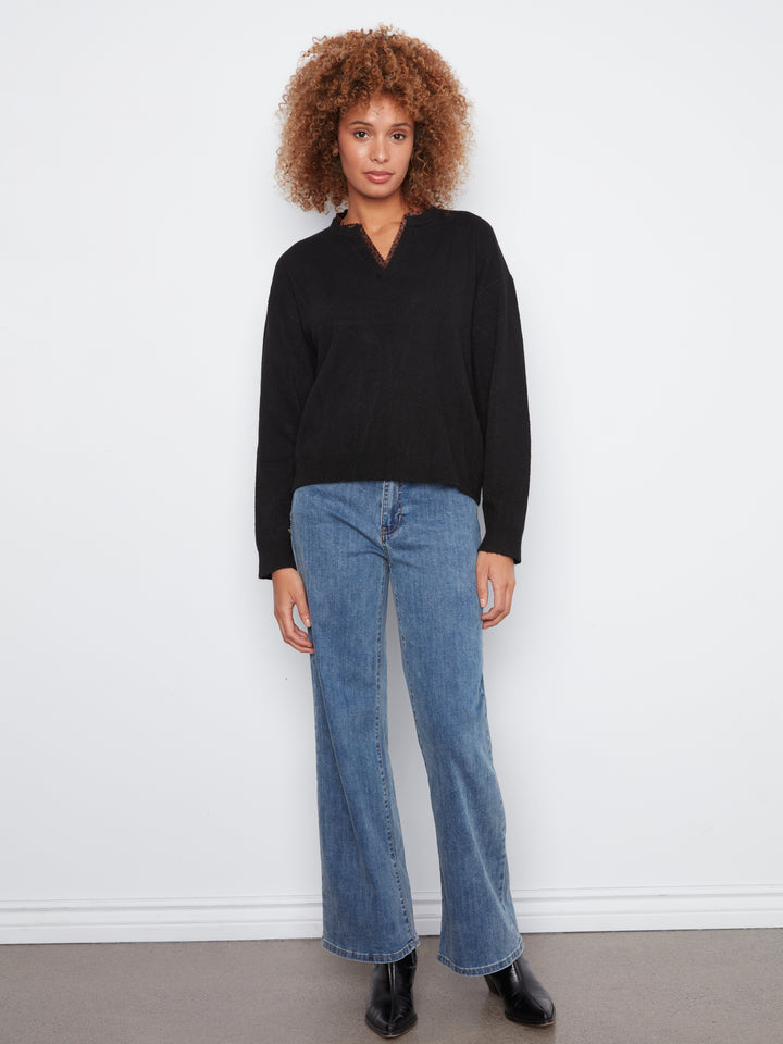 Long Sleeve Drop Shoulder V-Notch Neckline Sweater With Woven Neck Trim