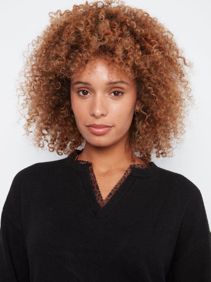 Long Sleeve Drop Shoulder V-Notch Neckline Sweater With Woven Neck Trim